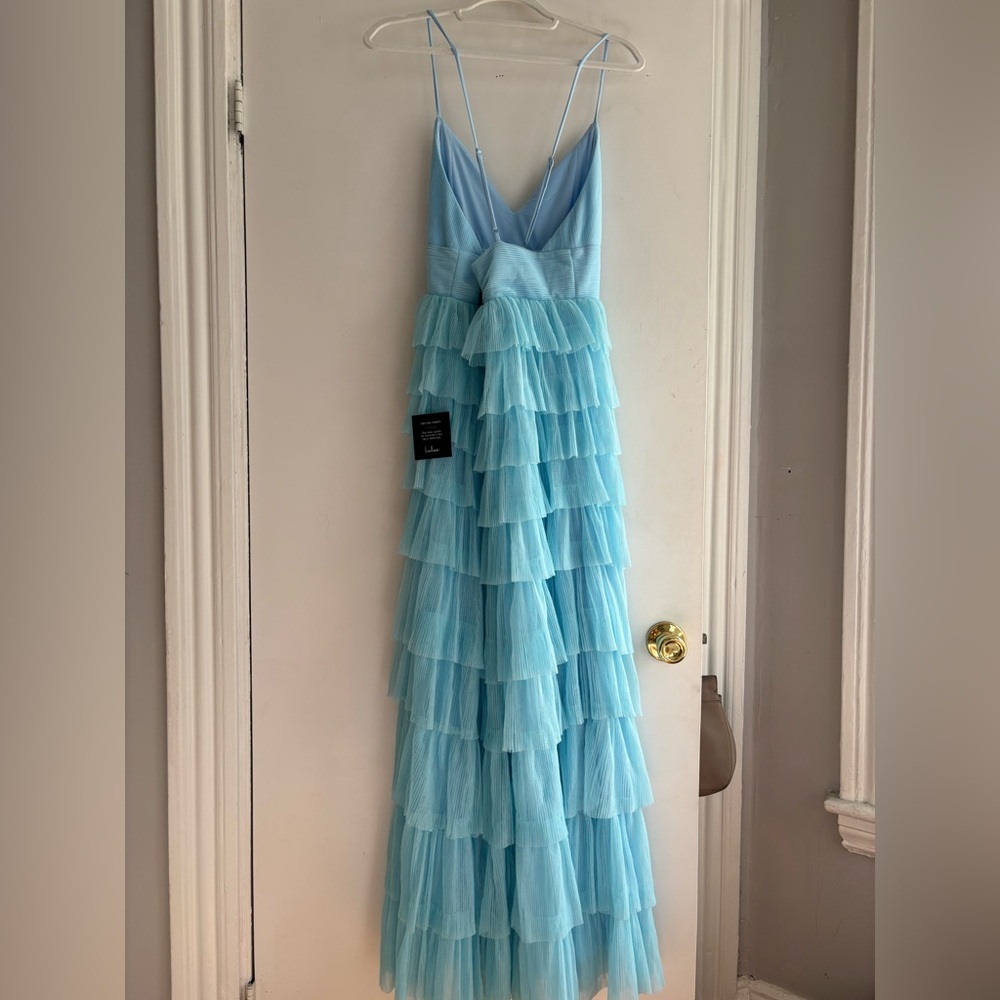 Lulus Radiant Event Light Blue Mesh Tiered Pleated Backless Maxi Dress - Picture 6 of 12